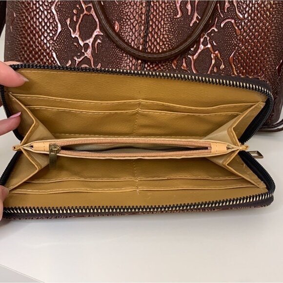 Python Print Embossed Patent Brown Shoulder Bag with Crossbody Strap & Wallet - Picture 11 of 11